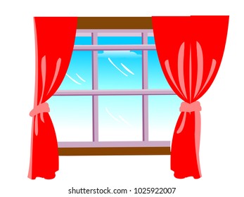 Window With Red Curtain - Cartoon Vector Image