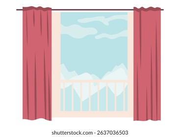 Window with red curtains and a glimpse of snowy mountains. Interior design element for home decor with outdoor view.