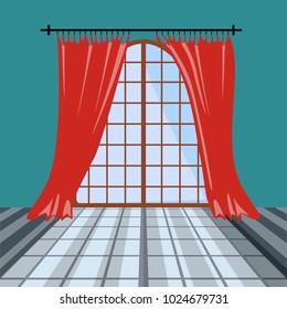 Window with red curtains. in the little room. Modern interior, room from the inside. Vector illustration.
