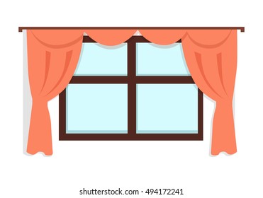 Window with red curtains on white wall background. Fragment of the home interior. Home window view. Vintage curtain. Curtains icon. Window icon. Flat vector illustration on white background.