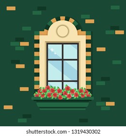 Window with red flowers. Vector illustration