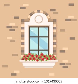 Window with red flowers. Vector illustration