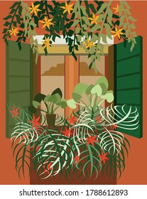 Ventana de una casa roja con flores 