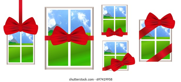 Window with red ribbon and bow as a gift with a landscape view. Set illustrations over white background. Vector.