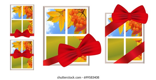 Window with red ribbon and bow as a gift with a landscape autumn view, branch of rowan. Set illustrations over white background. Vector.