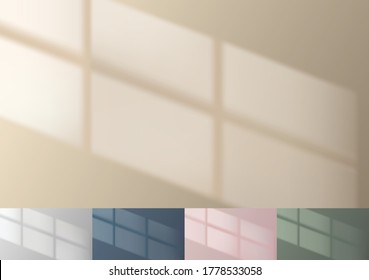 Window reflection on beige wall. Realistic minimal background. Real life shadow. Wallpaper template. Perspective shade of sun. Sunlight mock up. Blue, grey, pink, green set. Vector illustration.