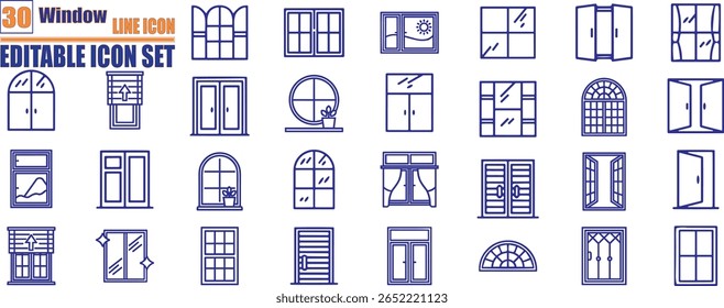 Fensterbezogene Symbole: dünner Vektorsymbol-Satz, schwarz-weißer Bausatz