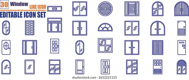 Iconos relacionados con la ventana: conjunto de iconos de Vector delgado, kit blanco y negro