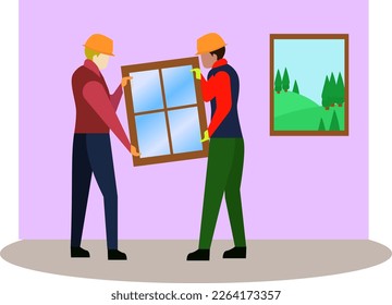 servicio de reparación e instalación de ventanas, dos trabajadores con uniforme instalan ventanas de plástico. Diseño de la ilustración del vector, trabajador del instalador con un nuevo marco de vidrio. 