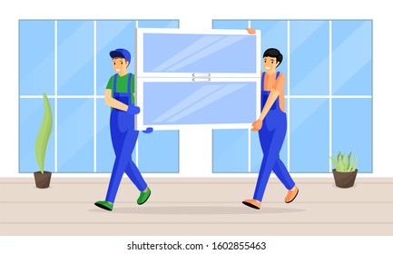 Window replacement service flat vector illustration. Cheerful couriers carrying new windowpane cartoon characters. Builders, installation experts bringing window glass pane to apartment