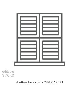 Fenster mit Rollladen-Symbol. Einfache Kontur. Blind, geschlossen, Bau, Zimmer, Haus, Inneneinrichtung. Dünnliniensymbol. Vektorgrafik einzeln. Bearbeitbarer Strich.