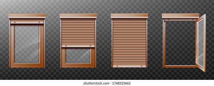 Window with roller shutter up and close. Brown plastic pvc single casement blinds. Opened and shut front view. Realistic 3d vector home facade design elements isolated on transparent background, set