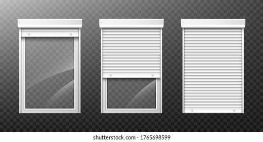 Window with roller shutter up and close. Plastic pvc casement blinds. Opened and shut front view. Home facade design elements isolated on transparent background realistic 3d vector illustration