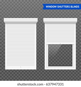 Window roller shutters set in closed and open form white on transparent background vector illustration