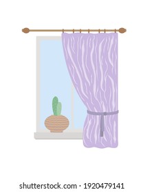 Window in the room with curtain and a flower, cactus in the pot, vector illustration simple pattern cozy home minimalist concept