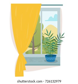 Window in room with curtain and house plant. Flat cartoon style vector illustration.