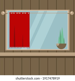 Ventana Comandos. habitación. flores en la ventana. Caricatura de estilo plano. Ilustración vectorial. Logo, insignia, afiche.