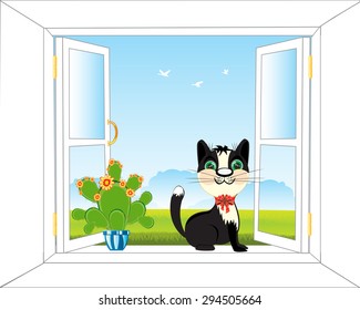 Window in room with view on beautiful landscape
