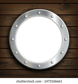 Window round ship porthole on a wooden wall. Vector illustration