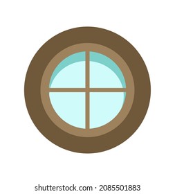 Window is round. Simple and flat style. Blue glass. Day. Cartoon cute fairy tale design. Isolated on white background. Vector.