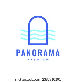 window rounded with sea wave panoramic view minimal clean modern abstract simple line style logo design vector icon illustration