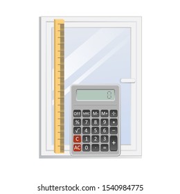 Window, ruler and calculator: icon on the theme of installing windows. Calculation of window sizes.