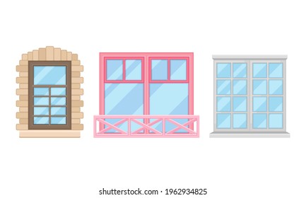 Window and Sash Window in Frame as Opening in Wall for Passage of Light Vector Set