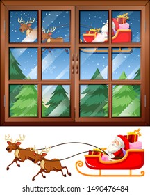 Window scene with Santa flying sleigh at night illustration
