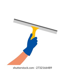 Window scraper. Woman's hand iblue glove holding window scraper with a yellow handle. Cleanliness and transparency of windows.