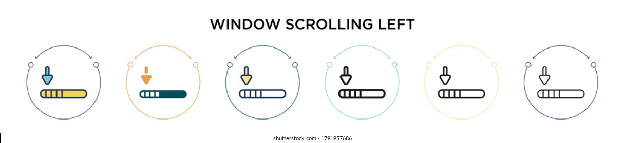 Icono de ventana desplazando hacia la izquierda en el estilo relleno, delgado, contorno y trazo. Se puede utilizar la ilustración vectorial de dos iconos vectoriales coloreados y negros para móviles, ui, web