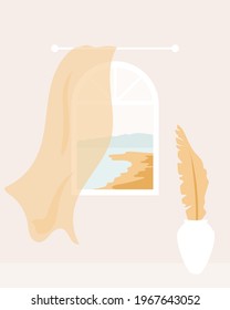 Window with sea, ocean and beach views. Sea breeze, light wind blows the curtains. Wall, tropical leaf in vase. Minimal trendy poster, print, card. Summer vector illustration.