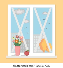 A window sealed with adhesive tape from a blast wave, a flat vector, a white window on a yellow background, an autumn cityscape outside the window, a vase of flowers and an apple on the window