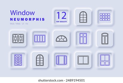 Window set icon. Arch window, bay, casement window, sliding window, double-hung, stained glass, grid, sash, transom, panel, fixed , dormer, ventilation, home architecture.