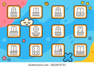 Window set icon. Balcony opening, architectural frame, flower planter, circular pane, curtain view, decorative facade, bay structure, residential exterior, home renovation, classic design