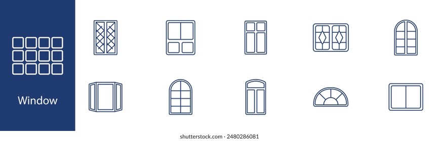 Window set icon. Different window types, grid, arched, bay, casement, sash. Home improvement, architecture, interior design, window styles concept.