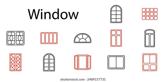 Icono de conjunto de ventanas. Marcos, arco, bahía, doble, rejilla, casa, edificio, arquitectura, diseño, vidrio, estructura, residencial, vista, aberturas, luz, interior, exterior, hogar, construcción.