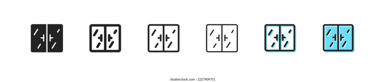 Window set icon. Glass window, door, exit, ventilate, stains on glass, plastic eurowindows, house washing, washing. Home concept. Vector line icon on white background