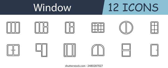 Window set icon. Sliding, casement, double-hung, bay, round, awning, picture, transom, arched, garden, hopper, jalousie. Home design concept. Vector line icon on white background.