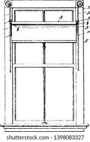 Window Shade Adjuster is made with slats of fabric in horizontal sliding sash and casement or awning windows vintage line drawing or engraving illustration.