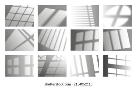 Window Shadow Effect. Transparent Shade Overlay Light Mockup, Curtains Window Frame And Blinder Blurred Shadows On The Wall. Vector Isolated Set. Natural Sunlight Reflection On Room Surface