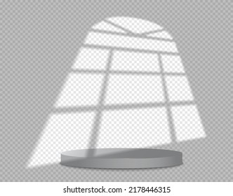 Window Shadow overlay effect and rack. Transparent soft light from window on pedestal. Realistic lightning on background. Frame shadows for natural effects. Blank scene for design Vector illustration.