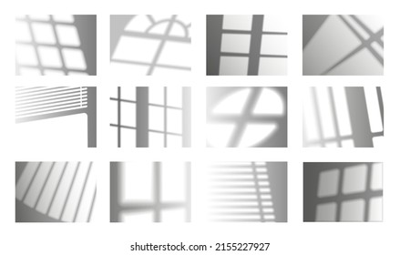 Window shadow overlay. Realistic light shade effect, window frames and sun blinder shadows overlapping on the wall. Vector isolated set. Sunlight reflection of square and round borders