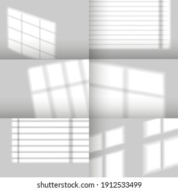 Window shadows. Realistic overlay shadow effect from jalousie. Natural sunlight from windows on walls mockup for product scene, vector set. Reflection of light on gray empty room wall