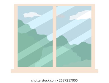 Window showing forest mountains and sky. Isolated element for interior design and architectural visualization. Home decor object.