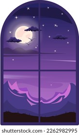 A window showing a night view of mountains, sky, clouds, birds, stars and moon.