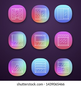 Window shutters app icons set. Roller, roman shades, panel, swags, valance. Motorized jalousie. Home interior shop. UI/UX user interface. Web or mobile applications. Vector isolated illustrations