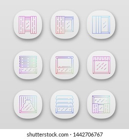 Window shutters app icons set. Roller, roman shades, panel, swags, valance. Motorized jalousie. Home interior shop. UI/UX user interface. Web or mobile applications. Vector isolated illustrations