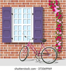 Window with shutters and a bicycle. Red brick wall. Vector illustration.