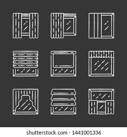 Window shutters chalk icons set. Roller, roman shades, panel, swags, valance. Motorized jalousie. House and office window decoration. Home interior shop. Isolated vector chalkboard illustrations