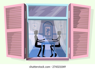 Window Shutters Couple Sitting Cafe Table Drink Coffee Romantic Love Silhouettes Retro Pink Blinds Vector Illustration